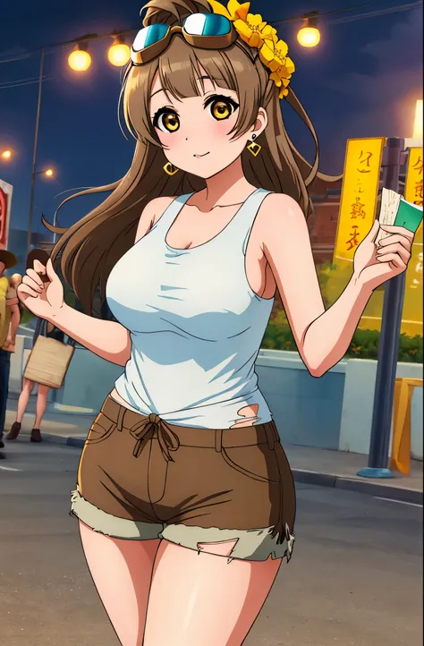 masterpiece, best quality,solo, (cowboy shot), minami kotori, curvy body, torn white tank top, brown short shorts,goggles on hea...