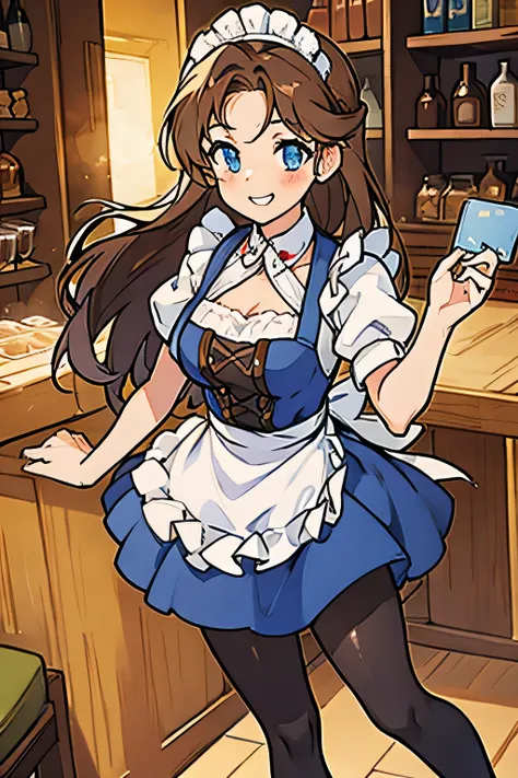 a girl, long hair, brown hair color, blue eyes, maid, short skirt, perfect body, thighs, brown transparent pantyhose, hands on waist, smiling, cute face, hair tail, cleavage, coffee shop