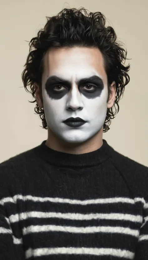 An illustrated movie poster, of the Crow, male, 28 years-old, wearing black and white crow makeup and a striped sweater, stocky, soft doughy physique, deep brown eyes, wide bulbous nose, full lips, black lipstick, black hair, curly quiff, thick bushy eyebr...