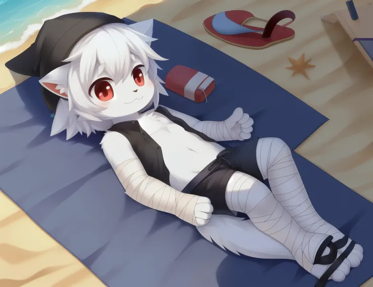 Furry shota, cat, young, red eyes, white hair, spiky hair, white body fur, detailed face, detailed eyes, detailed body fur, glistering body, shiny body, gorgeous body, ((black winter hat, black hawaiian shirt, open clothes, black swim trunks, bandages on f...