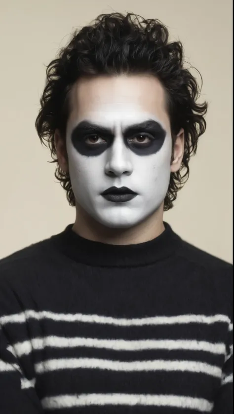 an illustrated movie poster, of the crow, male, 28 years-old, wearing black and white crow makeup and a striped sweater, stocky,...