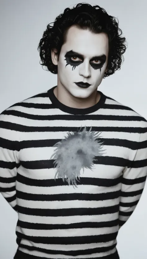 an illustrated movie poster, of the crow, male, 28 years-old, wearing black and white crow makeup and a striped sweater, stocky,...