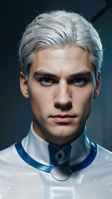 white hair, blue eyes, handsome, perfect face, jawline, cartoon, pixar, ai