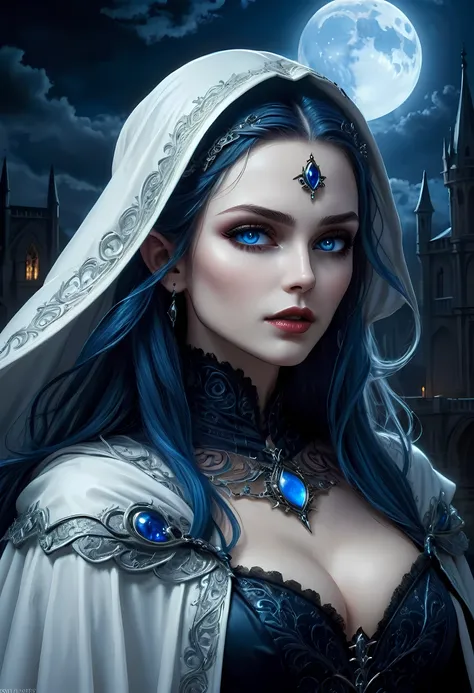 fantasy art, gothic art, (masterpiece:1.5), full body best details, highly detailed, best quality, Glowing blue, highres, full body portrait of a vampire, elf (Masterpiece, best quality: 1.6), ultra feminine, wizard, (intricate details, Masterpiece, best q...