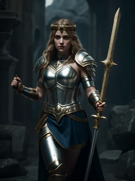 Empowered Legendary Templary Warrior, Olympus, Goddess style, French painting style, Brave warrior queen, warrior goddess, holding Up Her Royal Sword, complex details, octane render, hyper realistic, cinematic, fantasy movie, dark moody tones, award winnin...