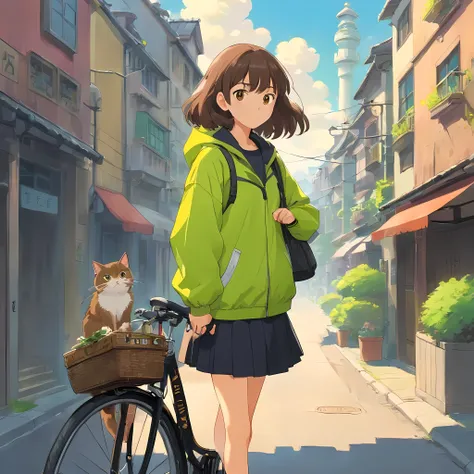 A cute girl with brown long bobs, with a sweet appearance and brown eyes, in a acid green windbreaker and in a black skirt, a  gray cat in her hands and holds a bicycle against the backdrop of a city street.