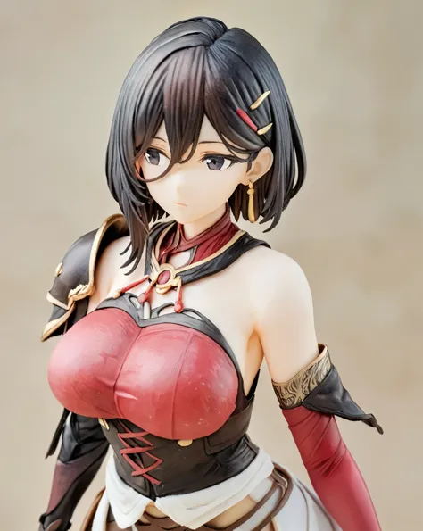 masterpiece, best quality, watercolor (medium), 1girl, breast, alone, short hair, split, Red and black hair, black eyes, earrings, Bangs, jewelry, skirt, bare shoulders, sleeveless, hair between eyes, 单pauldron, looking at the audience, large breast, armor...