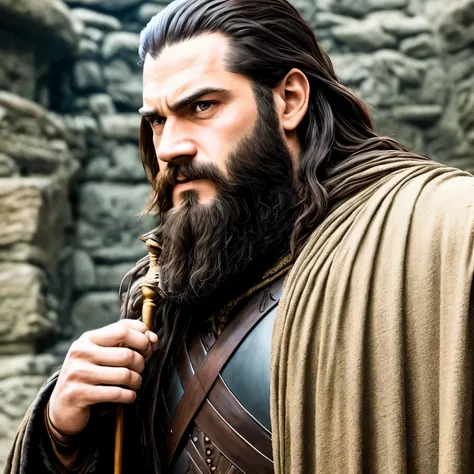 A man who is a lord of a powerful house who has a menacing look and has long dark brown hair and a long beard and is very strong and defined and from the Game of Thrones world of ice and fire 