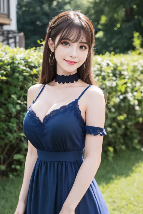 ((highest quality, 8K, Representative works in detail, ultra high resolution)), (looking at the viewer), (middle shot), attractive woman, ((big breasts)),  smile, ((black choker)), slim body shape, (big breasts, Blue colored contacts), long eyelashes, bang...