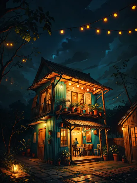 wide view, beautiful interiors of a cozy cafe, wooden log furniture, orange string lights, leafy tropical plant pots, gypsy aesthetics, blue walls, earthy tones, decorations, cozy atmosphere, night time, starry sky visible from sky, micro landscape, day ti...