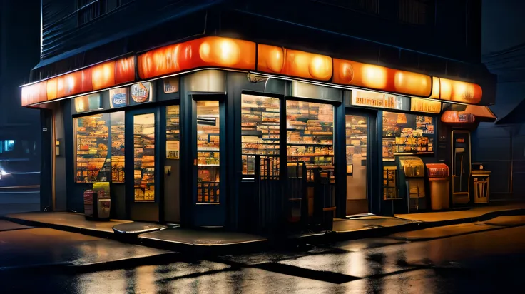 shelves of a night grocery store: a girl in a midnight grocery store, detailed neon lights, shelves filled with snacks and drink...