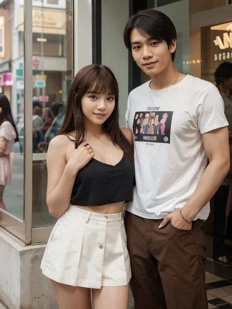 a man and a woman posing for a photo in front of a shop, Indonesian man with black hair with Lisa from Blackpink, Korean idol, Korean Kpop star, Malaysia, with a cute - smooth face, with a beautiful smile, beautiful face with brown-blonde hair with bangs.