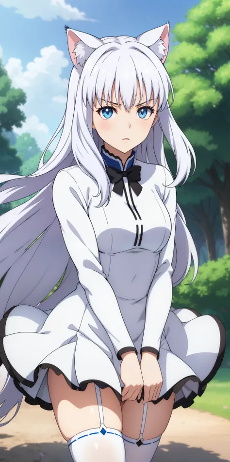 (((1 cat girl))), ((cat ears)) solo, (((long white hair blown by the wind))), blue eyes, cute cropped top, falling sleeves, short skirt, white stockings, lace, look at the spectator, luxurious, elegant, extremely detailed, parted lips, shy, feminine charm,...