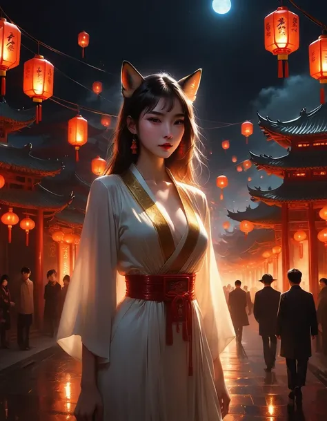 ((best quality, 8K, masterpiece: 1.3)), 1 girl, fox-like slim，Comes with 9 syrups，In the dark night with burning gold，Ambient lighting and gloomy lights of Chinese city focus on girl，and has light and shadow effects caused by lighting halos.