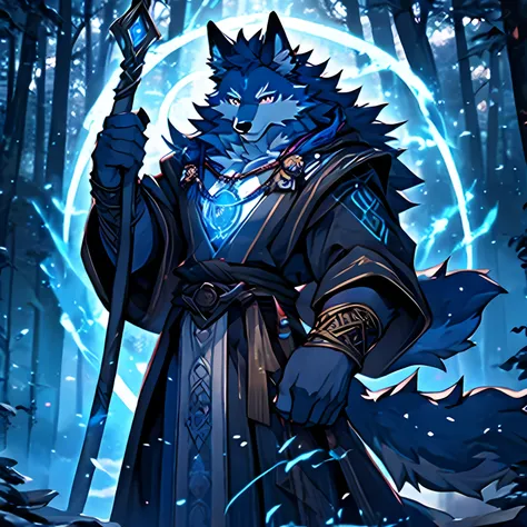 a furry wolf in an anime style, standing solo as a mage or wizard, with a majestic magic aura and detailed magical effects. The wolf has striking and vibrant fur, with intricate patterns and flowing mane. The mage or wizard is dressed in robes adorned with...