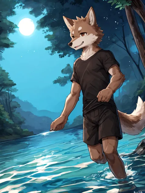 ((Best quality, masterpiece, detailed anatomy, detailed eyes, detailed hands, perfect lighting, perfect shading.)), by Buta99, by SpiritD, 1male, Wolf, brown furs, tight body, dark brown eyes, skinny body, young body, wet black shirt, black shorts, barefoo...