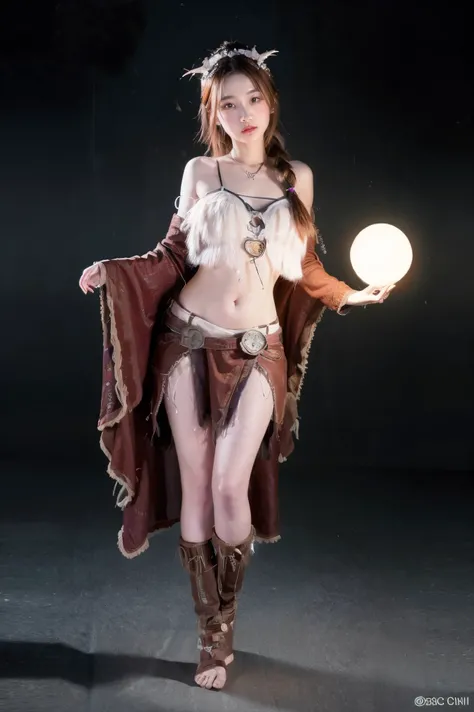 1个Giant Breast Girl、solo,full bodyesbian,the witcher,Spell casting action,standing on your feet,Glowing magic ball,Skulls float,simple backgound,Magical fantasy design,character concept design,Beautiful face and eyes