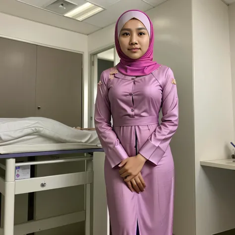 Malaysian girl promoting health business, medical business, wearing a baju kurung with tudung, hospital.