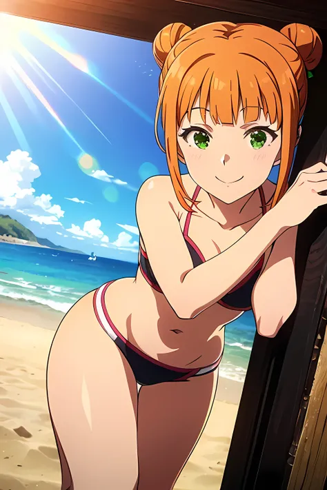 mirishita style, 1girl, solo, {idol, masterpiece}, {dynamic angle}, smile, one side bun, orange hair, green eyes, cinematic light, blunt bangs, {bikini, beach}