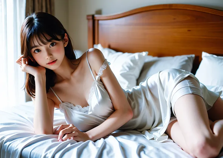 a girl，Wearing a white silk nightgown，on bed in bedroom
