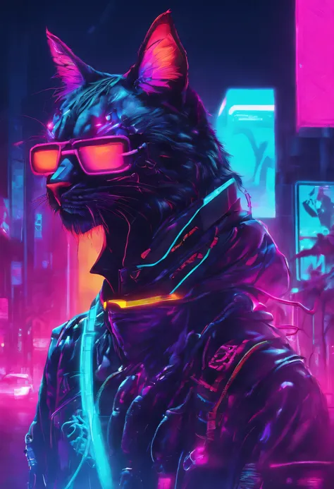 Make me a cyberpunk poster with a cyberpunk panther that has shades and a cuban link chain. There is a toothpick in its mouth