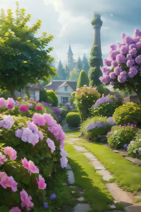 (realistic:1.5) Edub fairy tale landscape, rain, scenery, null, hydrangea, dated, purple flowers, sign, Remains, garden, green theme, 