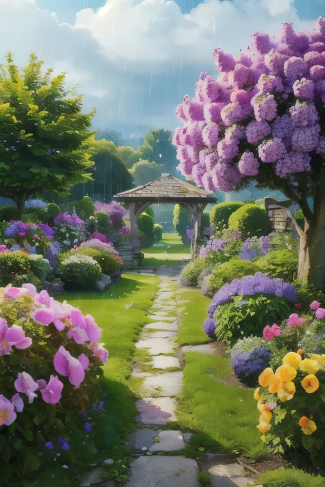 (realistic:1.5) Edub fairy tale landscape, rain, scenery, null, hydrangea, dated, purple flowers, sign, Remains, garden, green theme, 