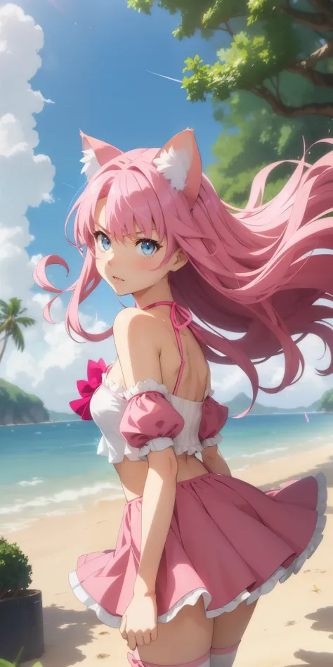 (((1 cat girl ))), ((cat ears)) solo, (((long hot pink hair blown by the wind))), blue eyes, kawaii bikini with cute ruffle, dropped sleeves, short skirt, white socks , lace, looking at the viewer, luxurious, elegant, extremely detailed, parted lips, shy, ...