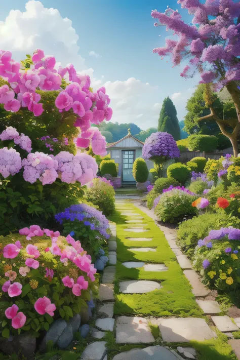 (realistic:1.5) bright colors、edub fairy tale landscape, scenery, null, hydrangea, purple flowers, sign, remains, garden, green ...