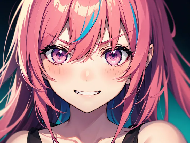 graffiti face, colorful eyes, open your mouth, yandere expression, smile, look at the audience, I can&#39;t see my hands, pastel colour, thought, ask for help、red pink hair color、sharp eyes、No expression、angry face