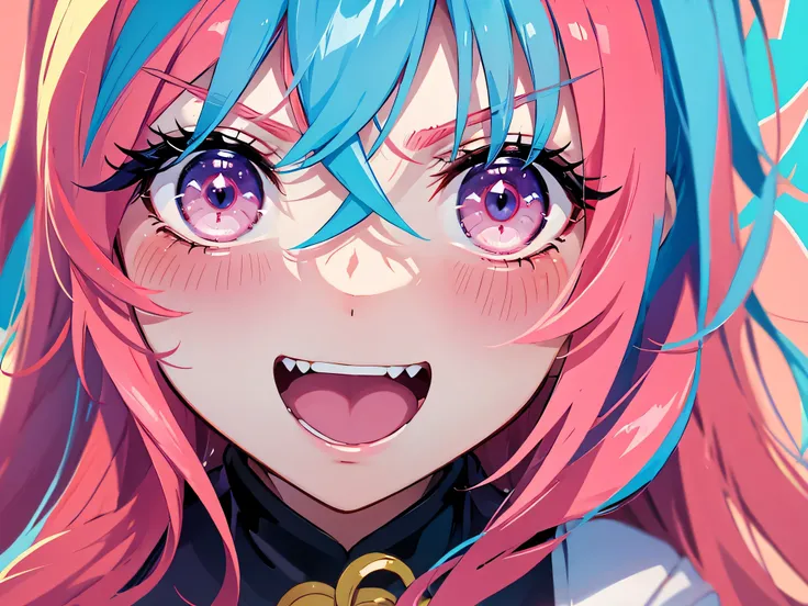 graffiti face, colorful eyes, open your mouth, yandere expression, smile, look at the audience, I can&#39;t see my hands, pastel colour, thought, ask for help、red pink hair color、sharp eyes、No expression、angry face