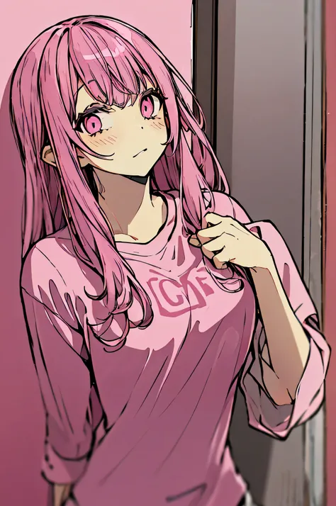 1 girl, pink hair,pink eyes,pink shirt , handsome ears