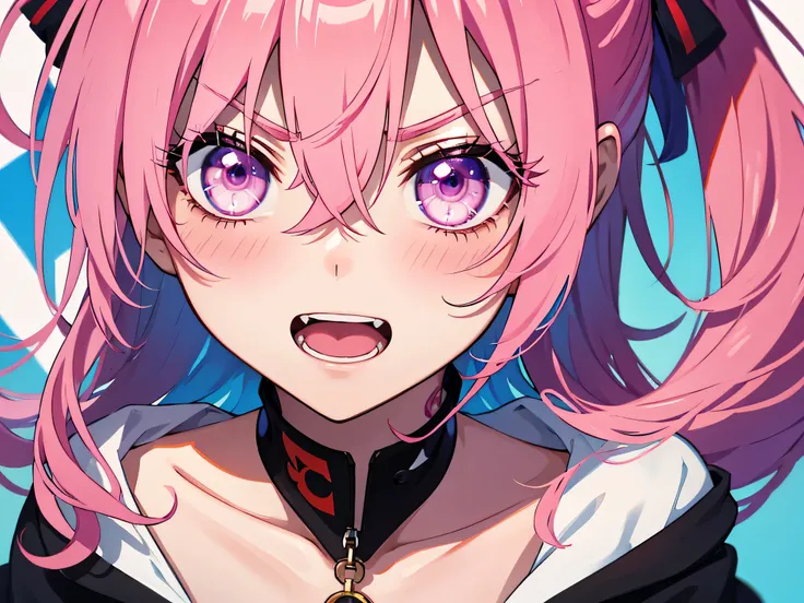 graffiti face, colorful eyes, open your mouth, yandere expression, smile, look at the audience, I can&#39;t see my hands, pastel colour, thought, ask for help、red pink hair color、sharp eyes、No expression、angry face、hair between eyes