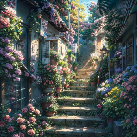 a painting of stairs leading up to the way, flowers, hanging flowers, japanese banners, japanese signs, roses, makoto shinkai. high detail, overgrowth. by makoto shinkai, by makoto shinkai, by Makoto Shinkai, anime. by makoto shinkai, style of makoto shink...