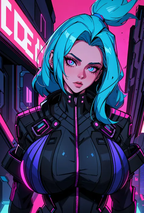 a digital painting of a woman with blue hair, cyberpunk art by Josan Gonzalez, behance contest winner, afrofuturism, synthwave, neon, glowing neon, huge breast