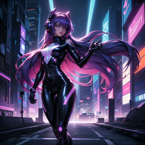 (best quality,4k,8k,highres,masterpiece:1.2),ultra-detailed,(realistic,photorealistic,photo-realistic:1.37),portrait,synthwave anime girl,long purple hair,bright neon lights,glowing cityscape,retro-futuristic background,cyberpunk atmosphere,vibrant colors,...