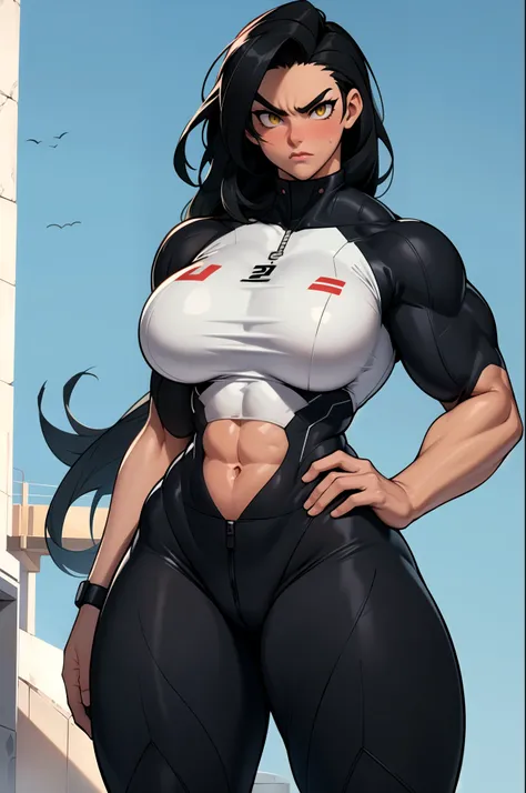 1girl (((muscular toned body))) huge breasts thick thighs wide hips curvy abs black hair yellow eyes very long hair pale skin voluptuous angry blush bodysuit