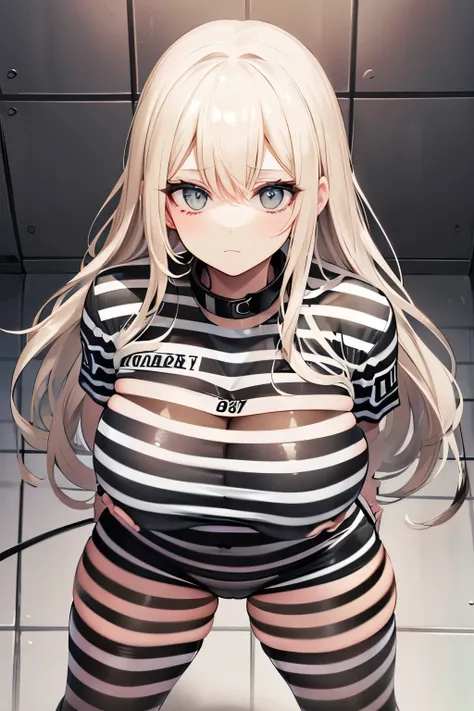 Mugshot, looking at viewer, behind bars, huge breast, prisoner, striped Prison jumpsuit, black & white stripes, stripes white & black, jail cell, locked up, blonde hair, long hair, dominated, prisoned, jailed, 