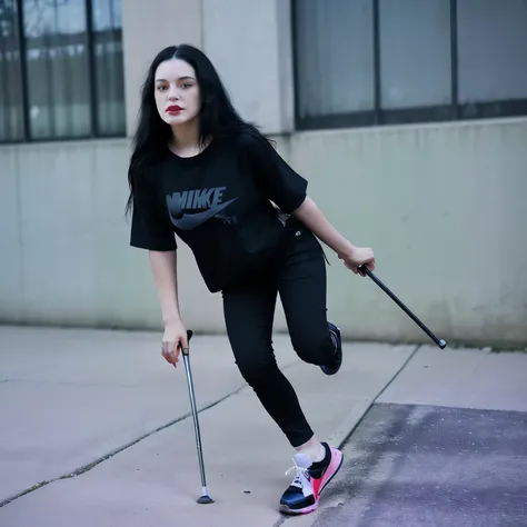 /imagine prompt: A young woman with long black hair and red lipstick with hopping in one leg in crutches, wearing black shirt, black jeans trousers And black Nike sneakers 