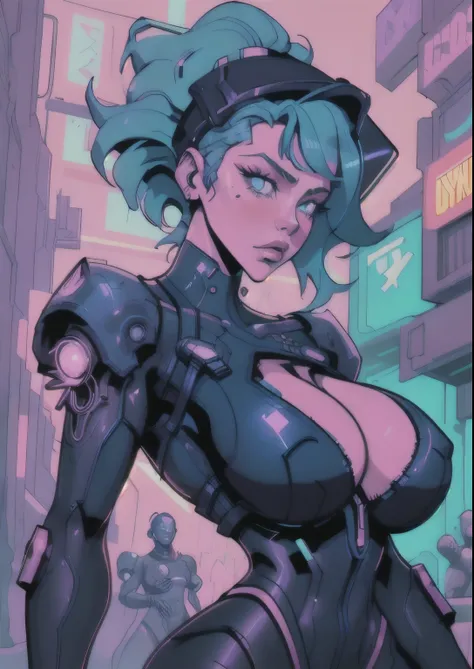 a digital painting of a woman with blue hair, cyberpunk art by Josan Gonzalez, behance contest winner, afrofuturism, synthwave, neon, glowing neon, huge breast