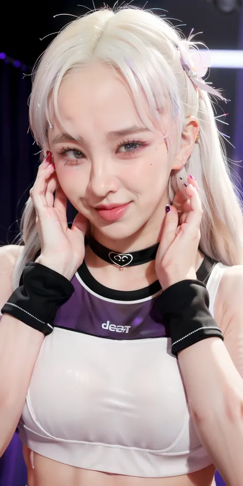 1girl,heart-shaped pupils,fingernails,hands on own face,white hair,purple eyes,(blush:1.1),choker,upper body,trembling,sweat,sweatdrop,heart,(speed lines:1.1),medium breasts, ((heavy breathing:1.3)), love, heart, crop top, happy, smile