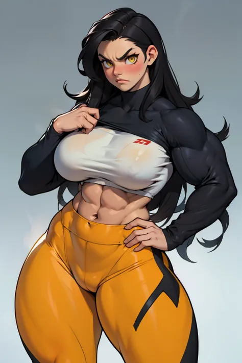 1girl (((muscular toned body))) huge breasts thick thighs wide hips curvy abs black hair yellow eyes very long hair pale skin voluptuous angry blush leggings tight shirt long sleeve