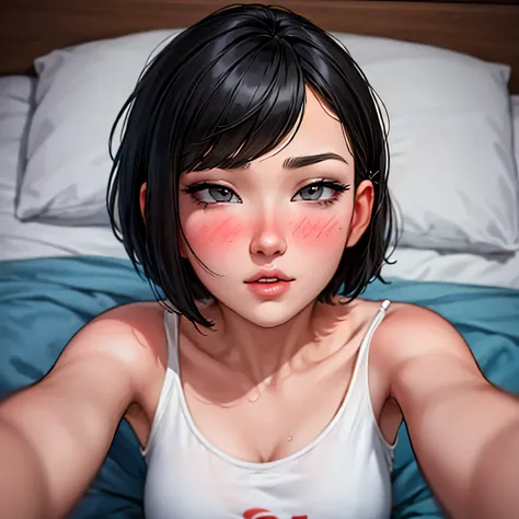 Sexy woman, short bob hairstyle, seductive gaze, blushing intensely, parted lips, desperate, flustered, lustful, orange t shirt, on bed