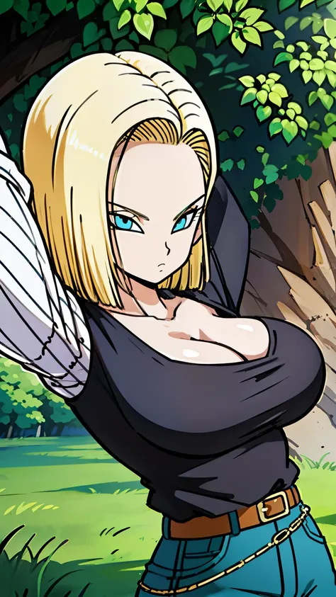 masterpiece, detailed face, 
android 18,  buu saga, , 1girl, solo, looking at viewer, short hair, blue eyes, blonde hair, collarbone, 
field, trees,((huge tits:1.2)),cleavage, forest, upper body, lying on field, hovering, 
midair, 
black shirt, long sleeve...