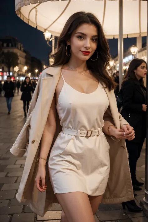 Italian girl 25 years old, beautiful, wonderful, walk in the center of Paris, 1 girl, real, very high resolution, 8k, elegant coat, luxury, Champs-Élysées, pearl earrings, elegant, red lipstick, light smile, night