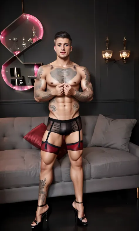 Muscular masculine hunk  man with very short hair, some tattoos, in lingerie, stockings, padded bra, extreme high heels , lipstick and fake eyelashes  