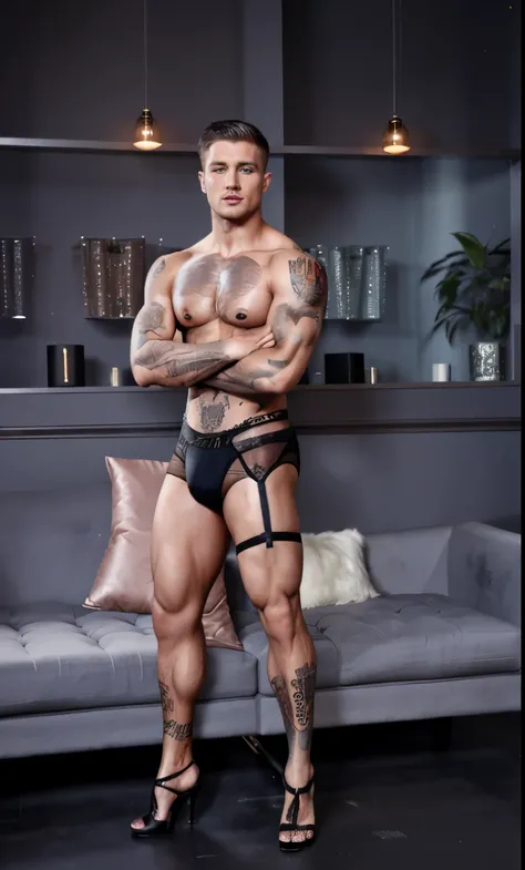 Muscular masculine hunk  man with very short hair, some tattoos, in lingerie, stockings, padded bra, extreme high heels , lipstick and fake eyelashes  