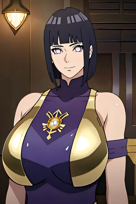 masterpiece, absurdres, hinata(boruto), 1girl, solo,mature female, (Wearing shiny gold armor: 1.4)， (Saint Seiya Armor: 1.4), perfect composition, detailed lips, gigantic breast, beautiful face, body propotion, short hair,  purple eyes,  soft gaze,  super ...