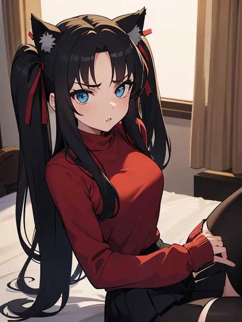 (masterpiece), best quality, expressive eyes, perfect face, 1girl, solo, rintohsaka, rin tohsaka, aqua eyes, black hair, hair ribbon, long hair, ribbon, sidelocks, two side up, black skirt, black thighhighs, long sleeves, miniskirt, pleated skirt, ((red sw...