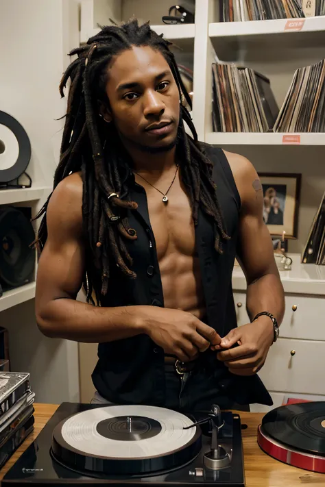 marcos, stylish hot black man with dreadlocks, lover of vinyl records